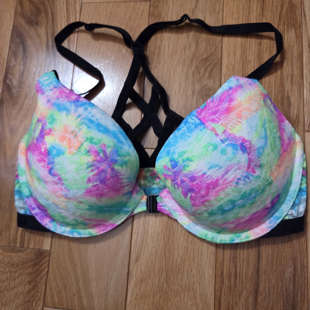 PINK Victoria's Secret Neon Watercolor Lace Push-Up Bra - Black Straps